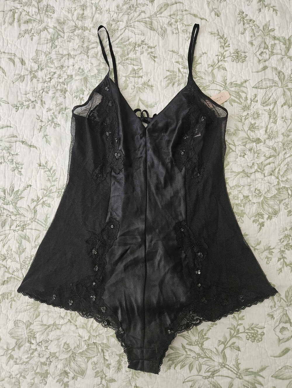 Y2K Victorias Secret Black Lace Satin Teddy Bodysuit NWT Size Small